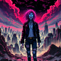 A futuristic figure with vibrant pink hair and glowing blue eyes stands amidst a dystopian cityscape, reflecting the disconnect between traditional reality and life's deeper conditions.