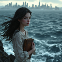 A young woman holding a book stands by a turbulent ocean, facing a city skyline under a cloudy sky, embodying the spirit of doing what is right, even in challenging times.