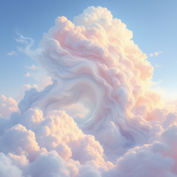 A surreal depiction of swirling pastel clouds against a bright blue sky, evoking the profound idea that having a purpose can help us endure life's challenges.