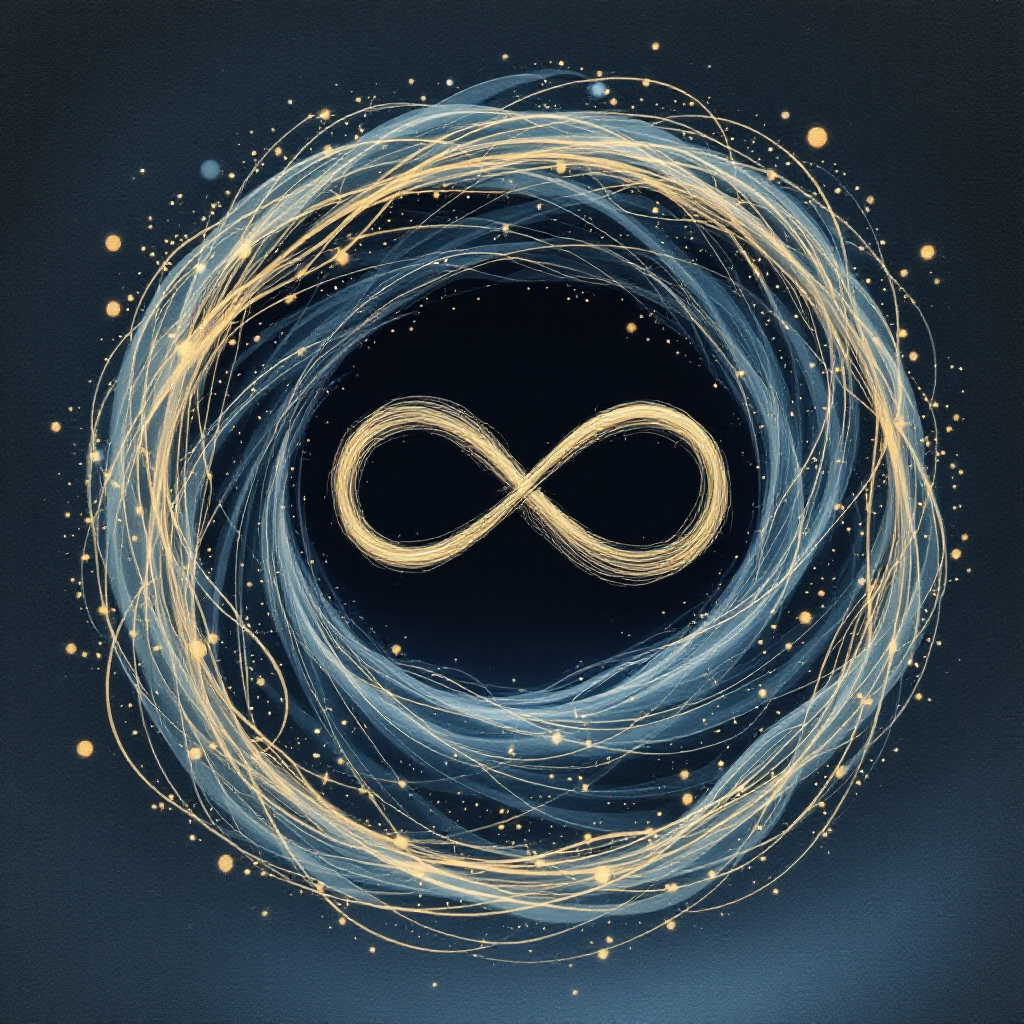 An artistic depiction of the infinity symbol surrounded by swirling golden lines and shimmering stars, embodying the notion of infinity as an experience beyond just a number.