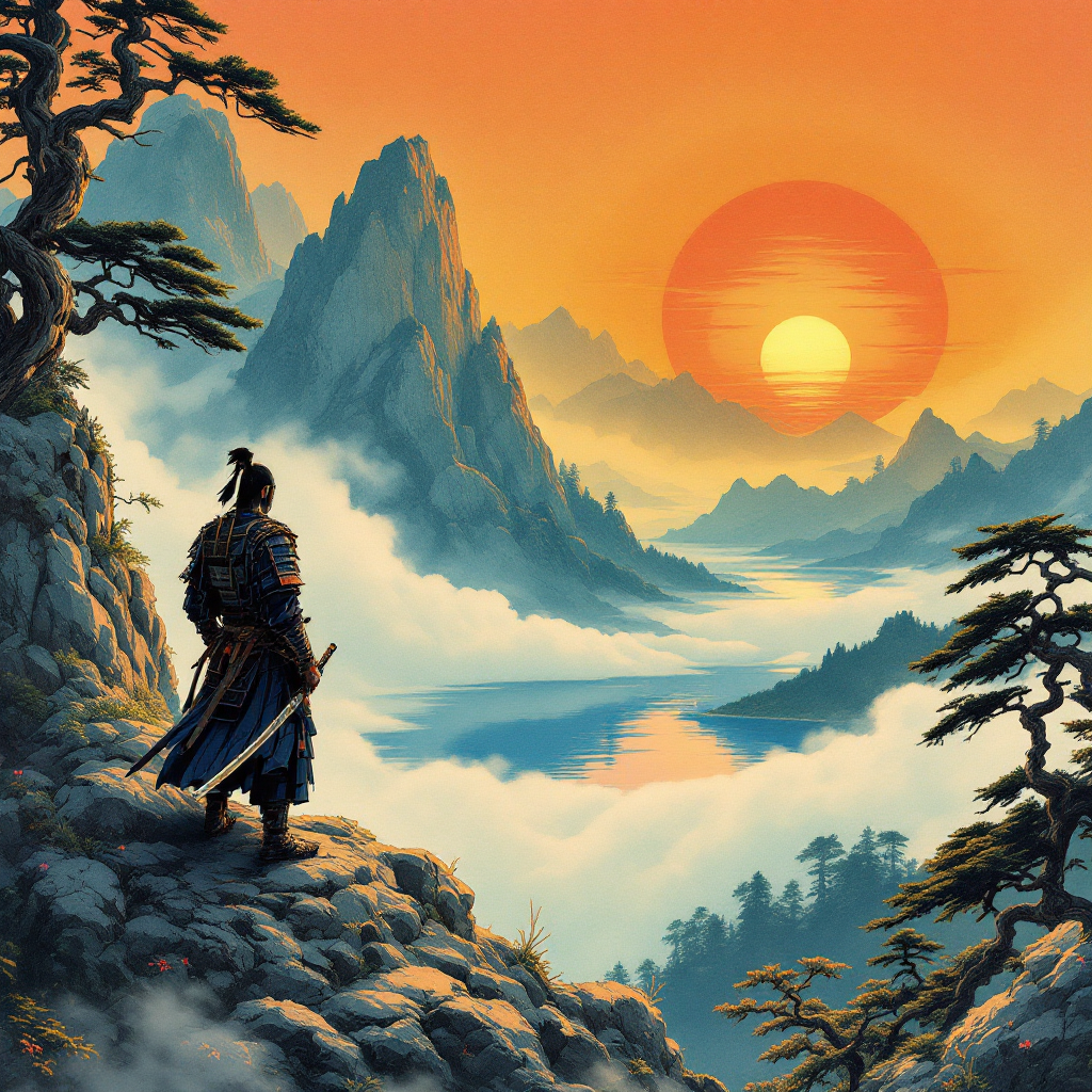 A lone warrior stands on a rocky ledge, gazing at a vibrant sunset over misty mountains, embodying the strength to adapt and overcome challenges.