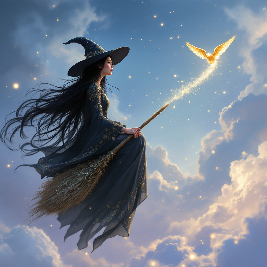 A witch in a flowing black gown and pointed hat soars on her broomstick through a dreamy sky, chasing a glowing Snitch among twinkling stars.