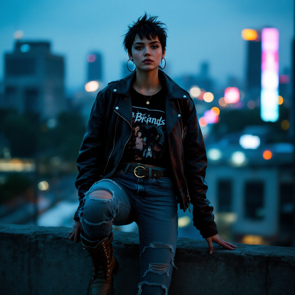 A confident individual stands on the edge of a rooftop at twilight, wearing a leather jacket and stylish outfit, embodying the spirit of stepping boldly into the unknown amidst a vibrant cityscape.