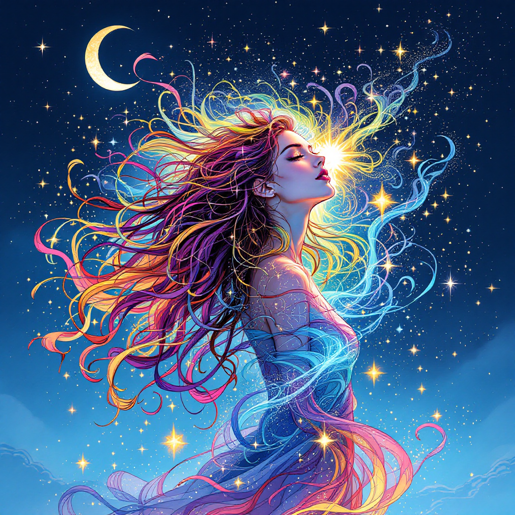 A woman with flowing, colorful hair stands against a starry night sky, embodying the spirit and essence of freedom, illustrated vividly in response to the quote on women's depth.