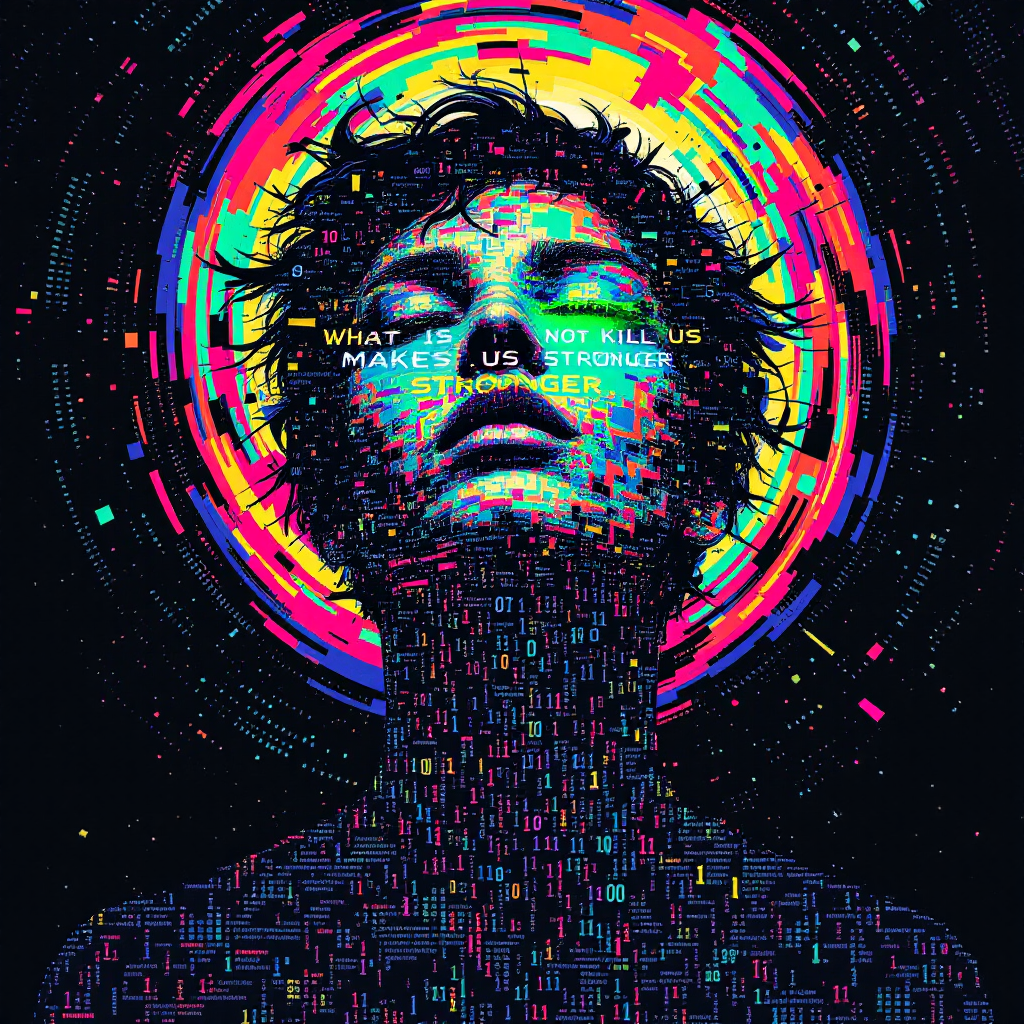 A vibrant, digital portrait of a person with a serene expression, surrounded by swirling colors and patterns, embodying the quote What does not kill us makes us stronger.