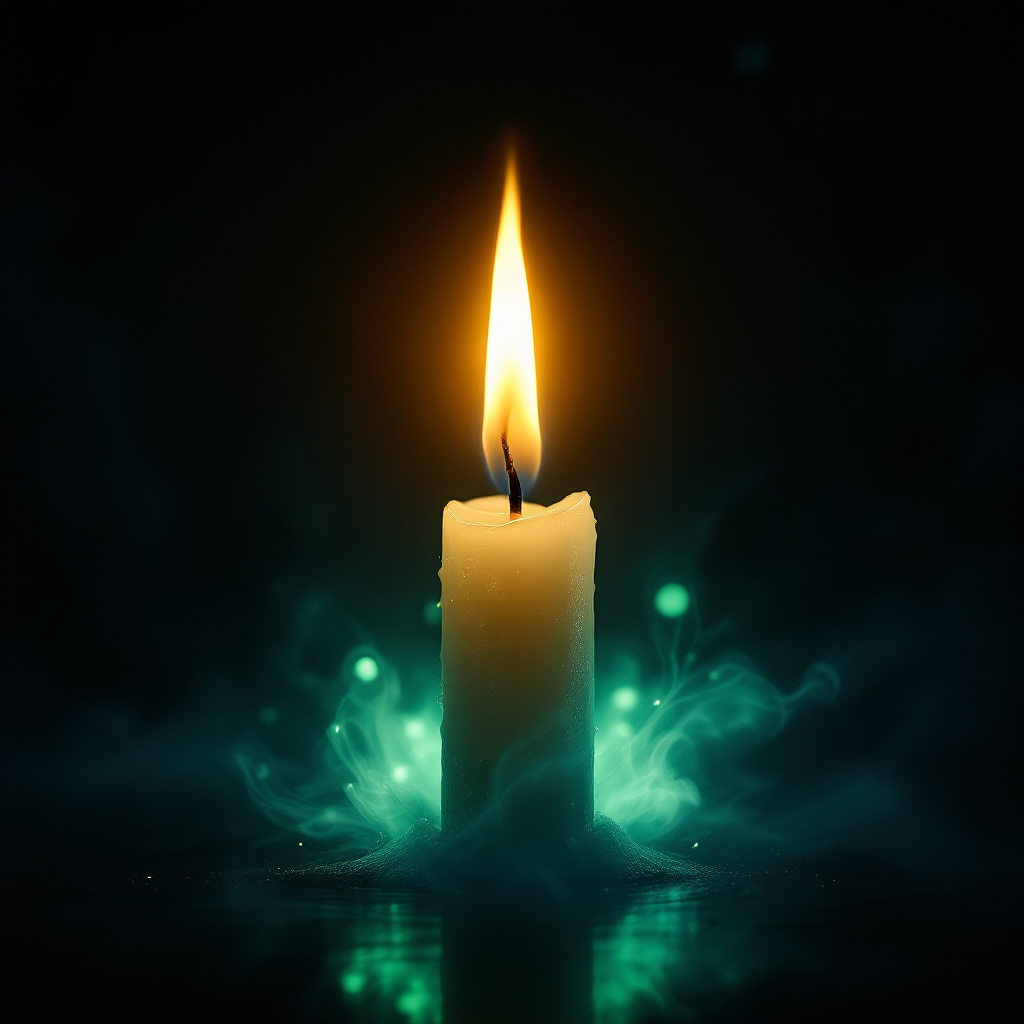 A lit candle stands against a dark background, its flame flickering and casting a warm glow, symbolizing hope amid darkness, capturing the essence of resilience and light.