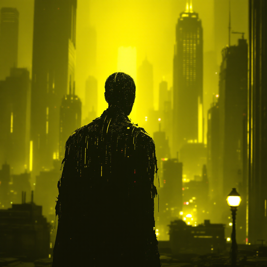 A silhouetted figure stands in a vibrant yellow-lit cityscape, embodying solitude and introspection in response to the quote, In the end, you are all that you have.