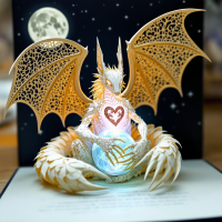 A majestic dragon rests with intricate lace-like wings, cradling a glowing globe and displaying a heart within its chest, symbolizing the life force even monsters possess.