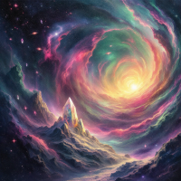 A vibrant cosmic scene featuring swirling galaxies, bright colors, and a mountain with a crystal peak, embodying the vast wonders of the universe waiting to be discovered.