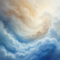 A swirling sky of soft clouds in shades of blue and warm gold, evoking the intertwining of past and present memories, reminiscent of a tranquil, dreamlike atmosphere.