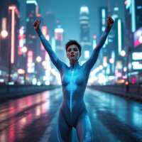 A determined athlete in a sleek blue suit stands triumphantly in a vibrant city at night, embodying the spirit of perseverance and effort, inspired by the belief that trying your best matters most.