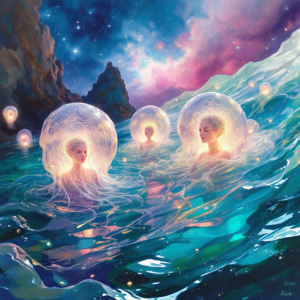 Three ethereal figures float in a luminous gel-like water, encased in translucent bubbles, against a cosmic backdrop of stars and swirling colors, echoing themes of connectivity and exploration.