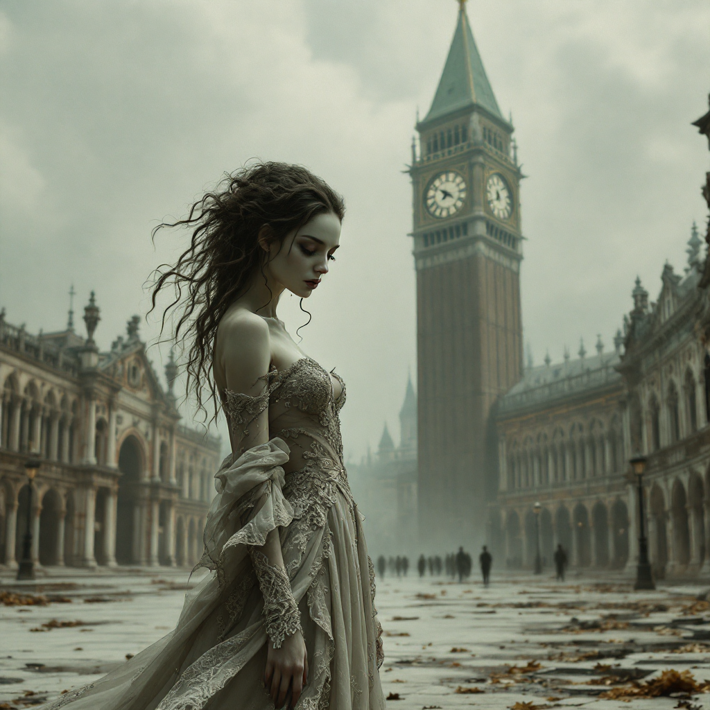 A solitary figure in an ethereal gown stands in a hauntingly desolate square, with a towering clock tower in the background, evoking reflections on human existence in an indifferent universe.