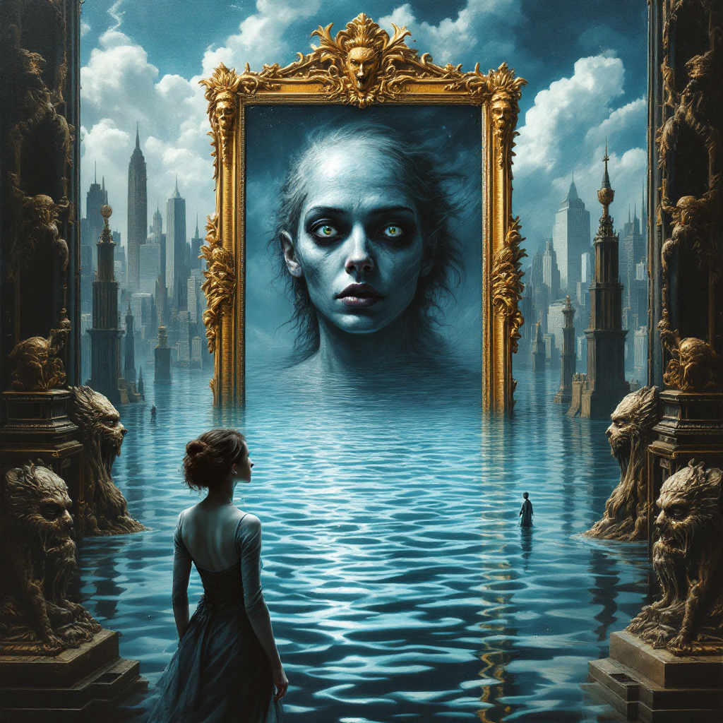 A woman stands before a large, ornate mirror reflecting a haunting face, surrounded by a surreal landscape of water and towering structures, embodying the courage of creativity.