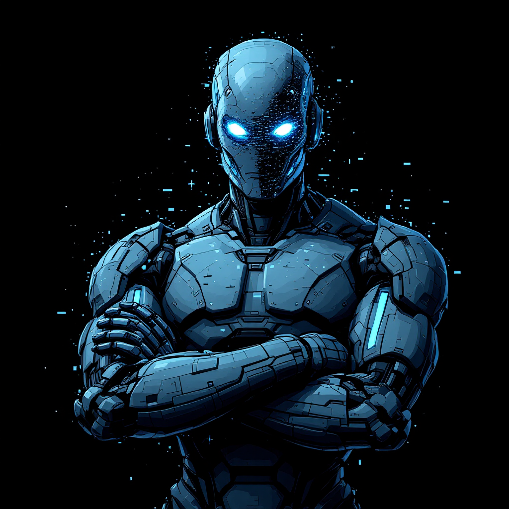 A futuristic blue robot with glowing eyes stands confidently, arms crossed, embodying the quote, Fight like you’re right, but listen like you’re wrong. The backdrop is dark and dynamic.