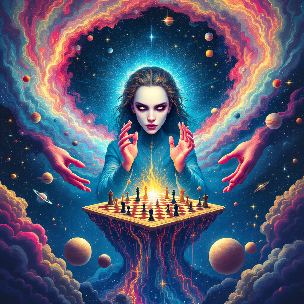 A surreal cosmic scene featuring a woman with glowing eyes, manipulating a chessboard surrounded by vibrant galaxies and ethereal hands, embodying the quote about divine game-making.