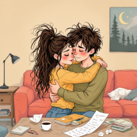 A cozy scene of two young people embracing on a couch, surrounded by notes and books, capturing the messy, imperfect essence of love. A warm atmosphere with a night sky visible outside.