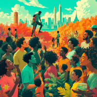 A diverse group of people gather in a vibrant, colorful landscape, demonstrating unity and cooperation as they engage with each other, set against a city skyline in the background.