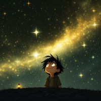 A child gazes up at a star-filled sky, filled with wonder and dreams, embodying the spirit of daring to reach for the stars. A lantern glows softly nearby.