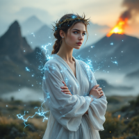 A young woman with a crown of leaves stands confidently amidst a dramatic landscape of mountains and a volcano, embodying the essence of courage in the face of fear.