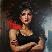 A confident woman with tousled black hair stands with her arms crossed, exuding strength and defiance against a backdrop of a city skyline, embodying empowerment and resilience.