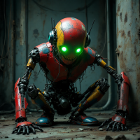 A humanoid robot with glowing green eyes crouches in a dim, industrial space, embodying the unsettling energy of a manically depressed machine.