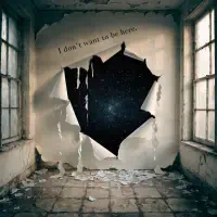 A decayed, empty room with peeling walls and broken windows, featuring a large hole in the wall and the words I don’t want to be here written above it.