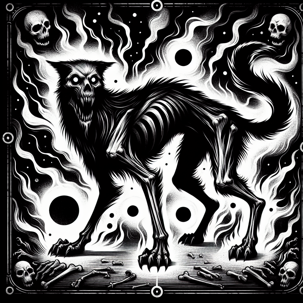 A sinister skeletal dog surrounded by skulls and eerie, swirling flames embodies the ominous and deathly omen mentioned in the book quote: “It’s an omen--the worst omen of death!”