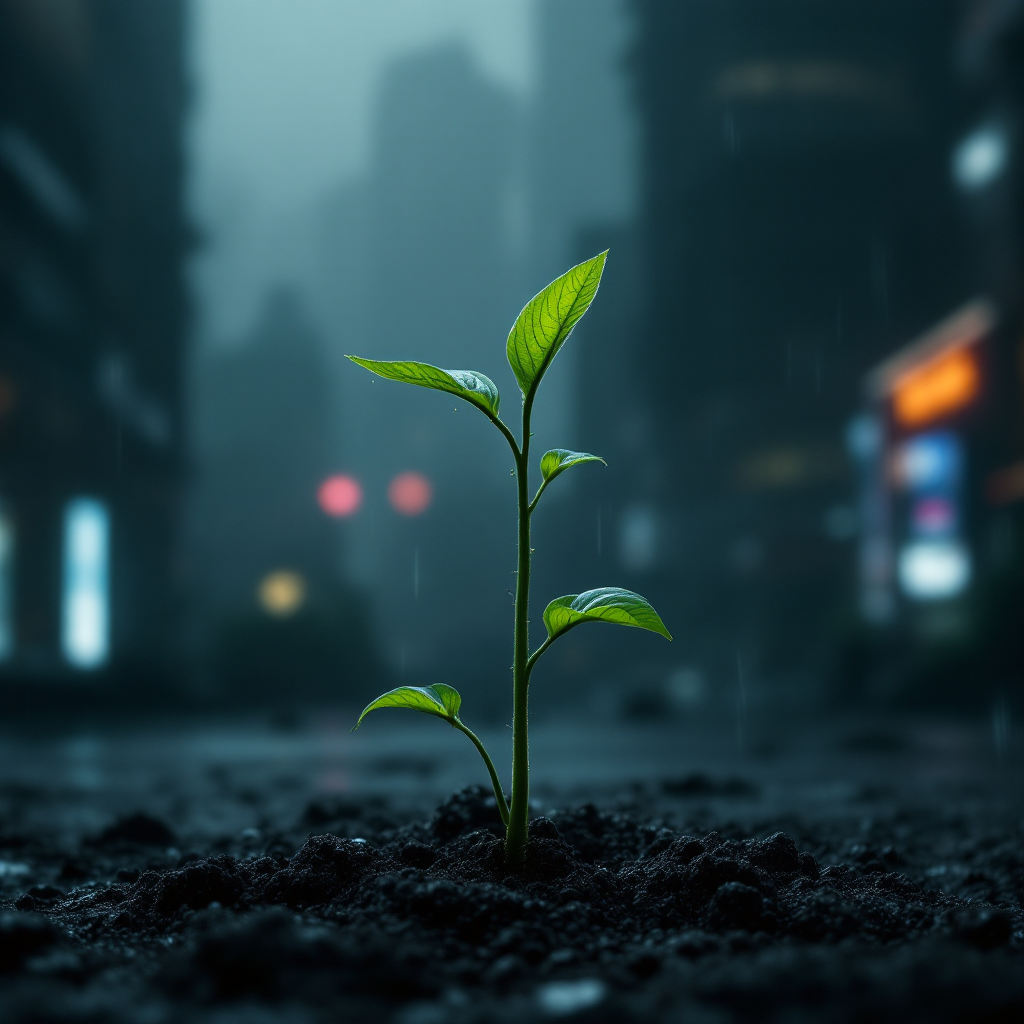 A small seedling with two tiny branches emerges from dark soil, set against a blurred, urban backdrop, symbolizing a new beginning and the idea of a tiny family tree.