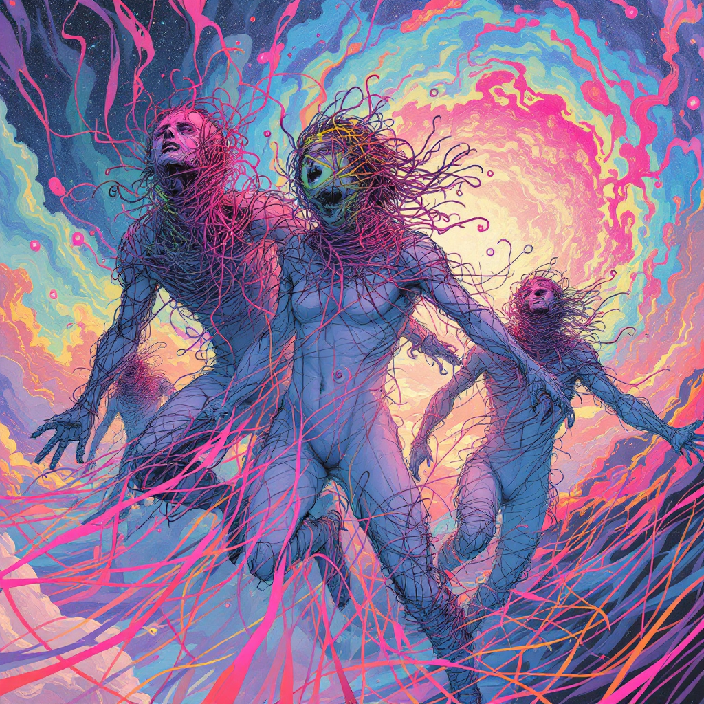 Three ethereal figures with vibrant, tangled forms emerge from a swirling, colorful backdrop, embodying the complexity of existence in a fleeting world.