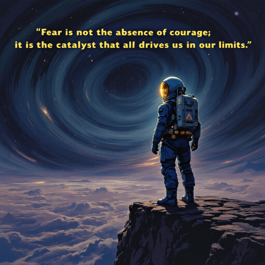 An astronaut stands on a rocky cliff, gazing at a swirling galaxy, with the quote: Fear is not the absence of courage; it is the catalyst that drives us to our limits. above.