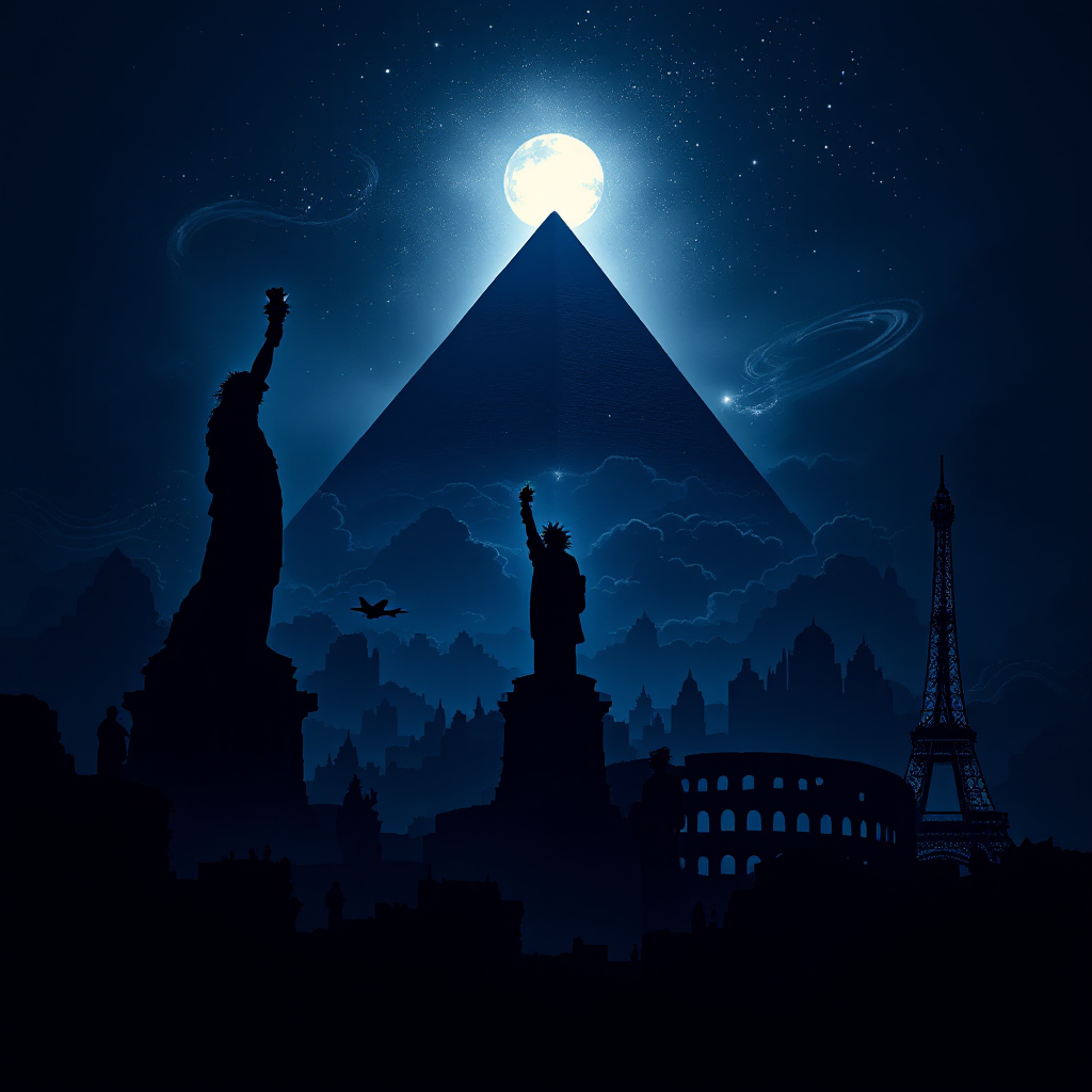 A dark, dramatic scene features iconic structures like the Statue of Liberty, the Eiffel Tower, and a pyramid under a luminous moon, reflecting on stories of mankind's greatest achievements.