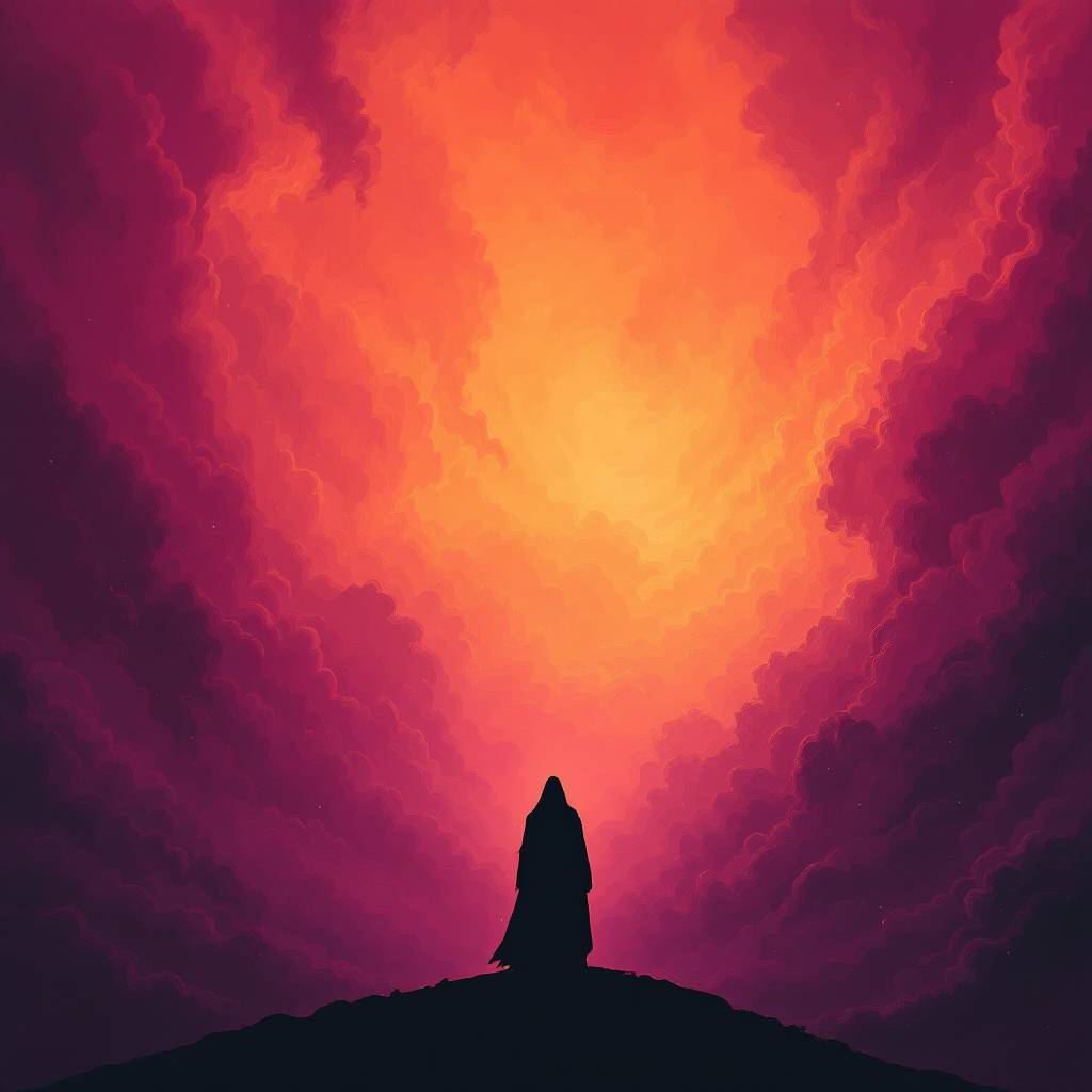 A silhouetted figure stands on a hill beneath a dramatic sky of fiery oranges and purples, embodying the quote's theme of power and the pursuit of strength.