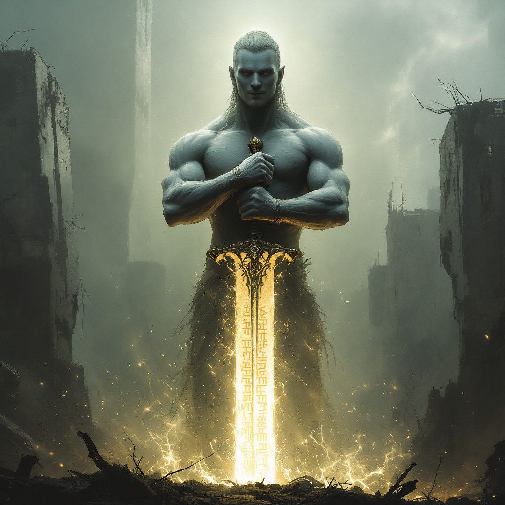 A powerful figure stands in a desolate landscape, holding a glowing sword. The scene evokes themes of strength, resilience, and the journey through adversity.