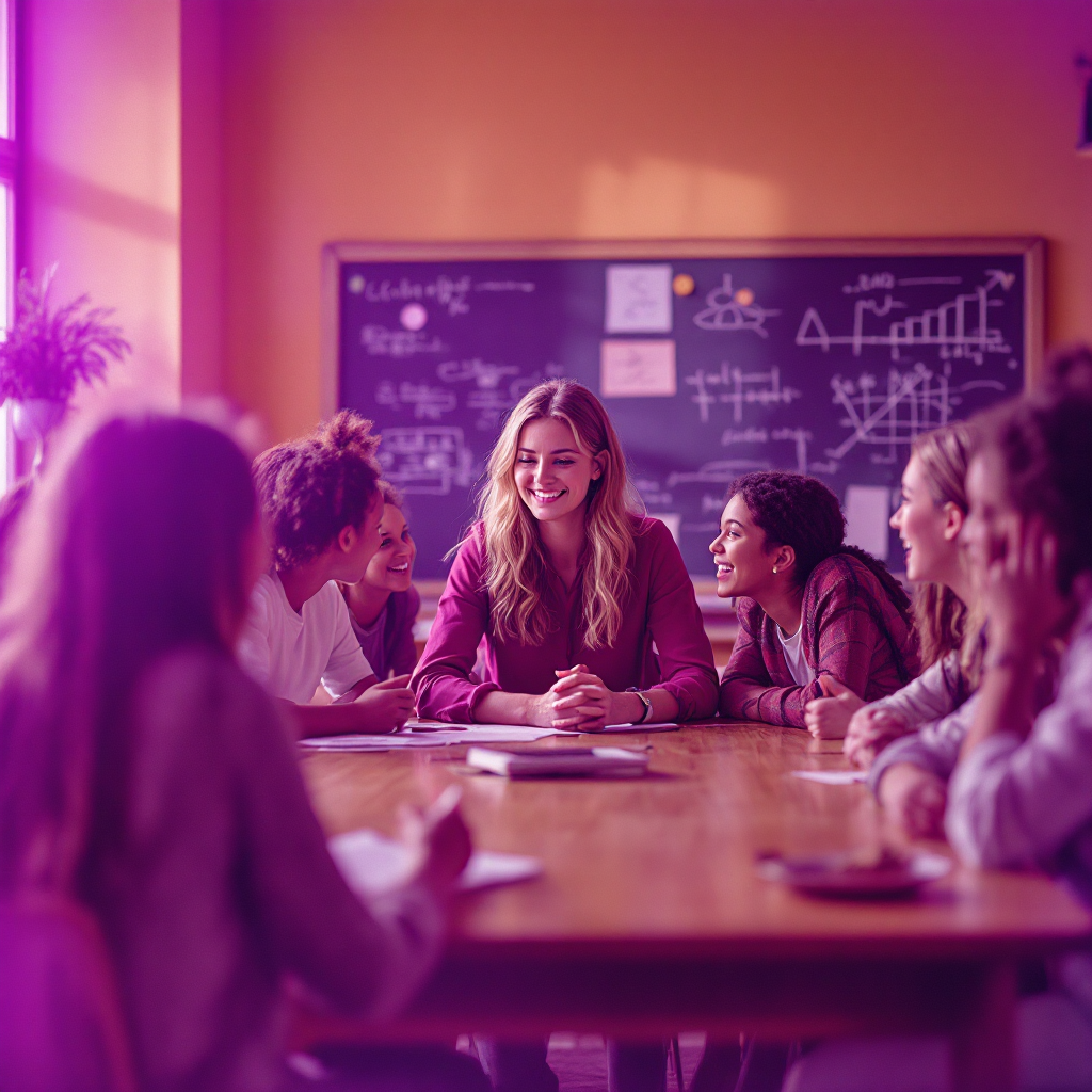 A teacher engages with a diverse group of students around a table, fostering a supportive learning environment filled with conversation and collaboration.