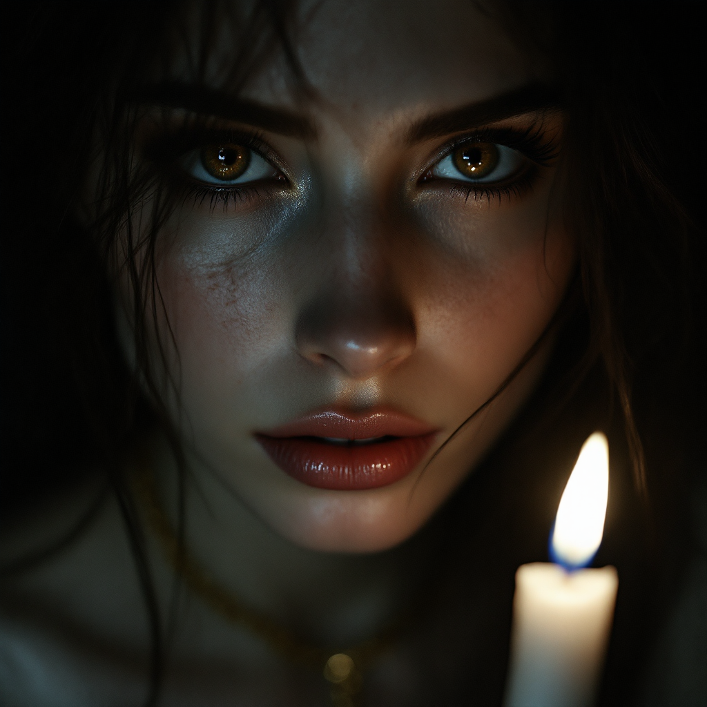 A close-up of a woman's face, illuminated by a candle, conveying depth and emotion. Her intense gaze reflects the unseen layers of her story, inviting intrigue and contemplation.