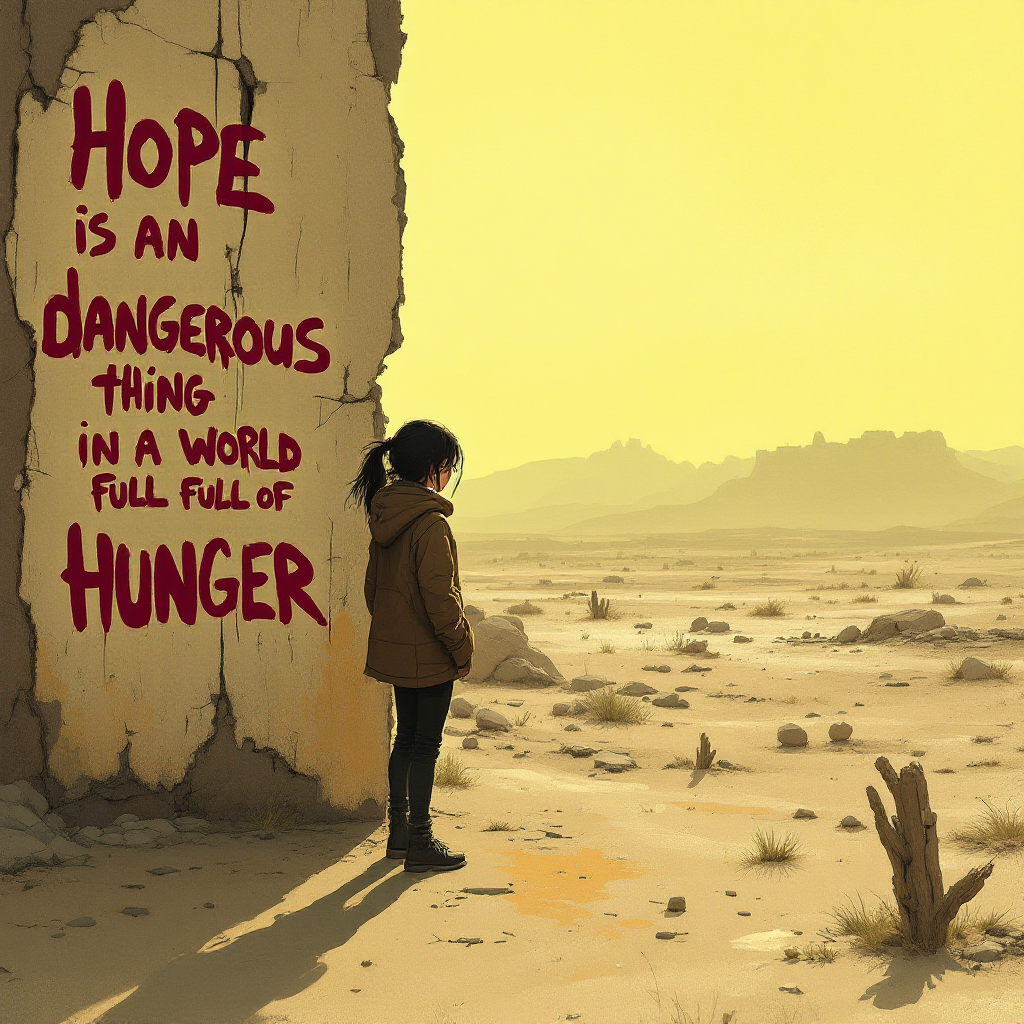 A solitary figure stands before a barren landscape, gazing at a crumbling wall inscribed with the quote, Hope is a dangerous thing in a world full of hunger, against a yellow sky.