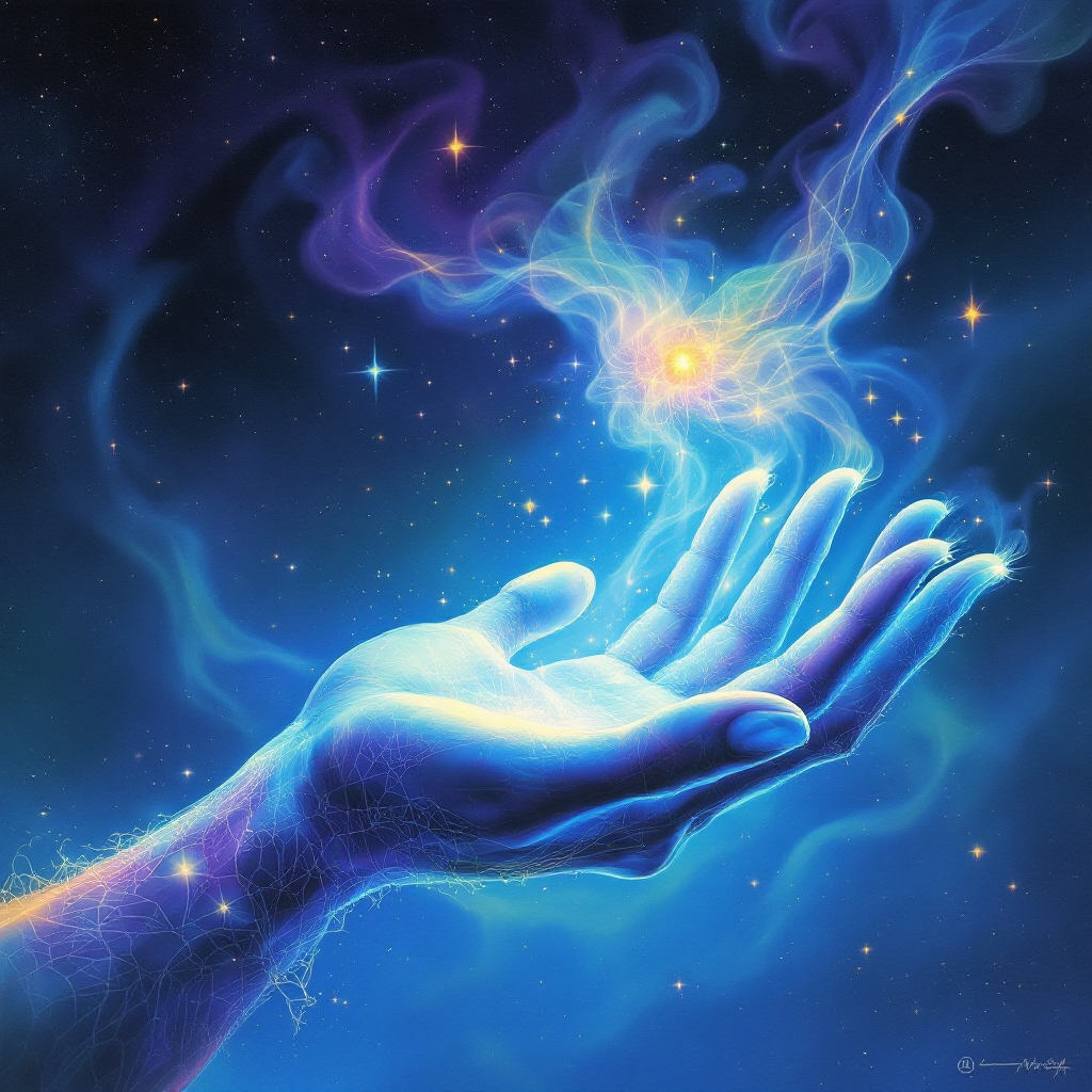 A luminous hand gracefully stretches toward a swirling, ethereal glow, embodying the idea of potential and possibilities dancing at one's fingertips, inspired by the quote's essence.