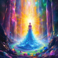 A luminous figure in a flowing blue gown stands in a vibrant, crystal-filled cavern, radiating light that signifies joy and serenity, embodying the essence of cherished memories.