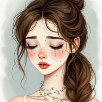 A young woman with soft features and closed eyes gazes downward, adorned with delicate floral tattoos, embodying the essence of lingering pain from unhealed wounds.