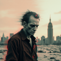 A somber man stands in a desolate landscape, gazing downward, with the Empire State Building in the background, embodying the struggles between goodness and inner turmoil.