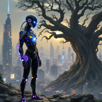 A futuristic humanoid robot stands confidently overlooking a glowing city, juxtaposed with a massive, ancient tree, embodying the theme of creating our own superhuman support in a chaotic world.