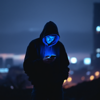 A hooded figure stands in a dimly lit urban scene, gazing intently at a phone that emits a blue glow, reflecting the idea of confronting reality and making choices.