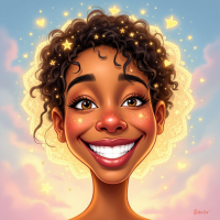 A joyful character with curly hair beams against a dreamy background filled with stars and soft clouds, embodying the message: You deserve to be loved, and you are loved more than you know.