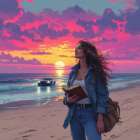 A woman stands on a beach at sunset, holding a book, with a contemplative expression as waves lap at the shore, embodying the quote about the world's beauty and the struggle to leave it.