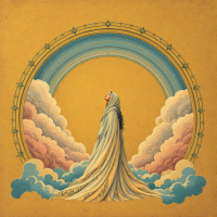 A serene figure draped in flowing robes stands beneath a vibrant rainbow, surrounded by soft, colorful clouds, embodying the theme of destined encounters from the quote.