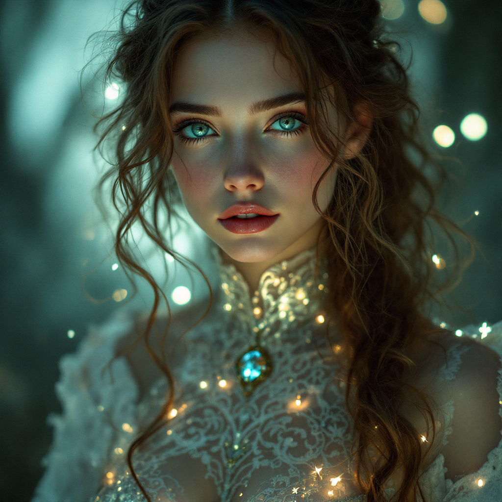 A young woman with wavy hair gazes softly at the viewer, illuminated by ethereal lights. She wears a delicate, laced outfit adorned with a glowing pendant, capturing a serene and introspective mood.