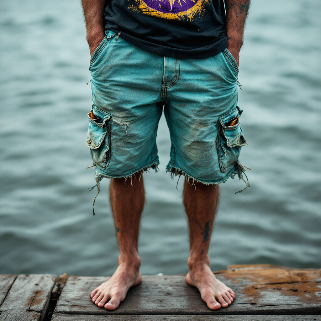 A man stands barefoot by the water, wearing faded turquoise biker shorts with sagging pockets and a frayed black T-shirt, resembling a disheveled older figure.