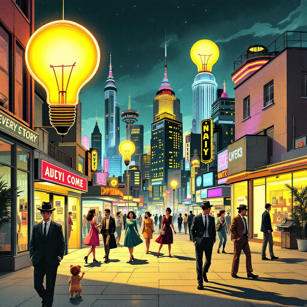 A vibrant city street at night is illuminated by oversized light bulbs, symbolizing stories waiting to be told, as stylishly dressed pedestrians stroll past neon-lit shops.