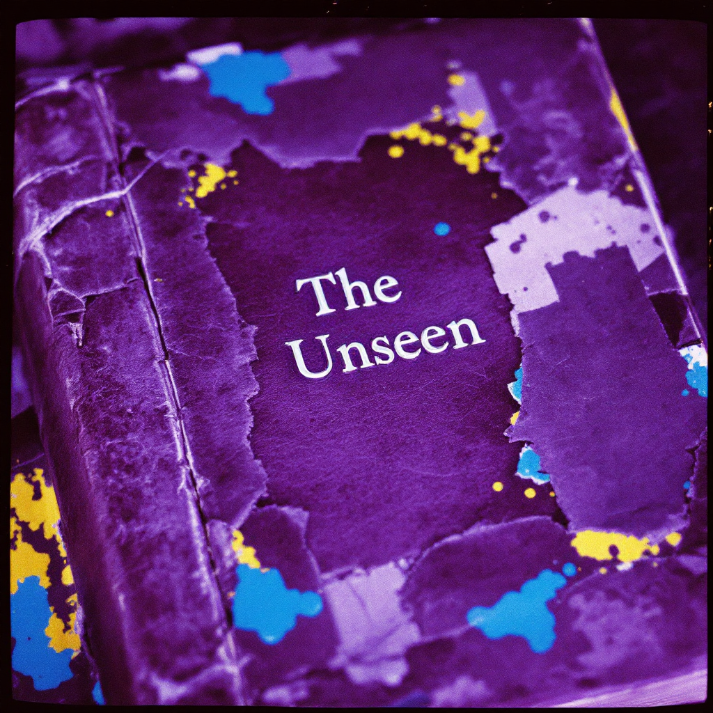 A close-up of a worn, purple book titled The Unseen, featuring colorful splashes of blue and yellow, reflecting the unexpected and intriguing nature of its content.